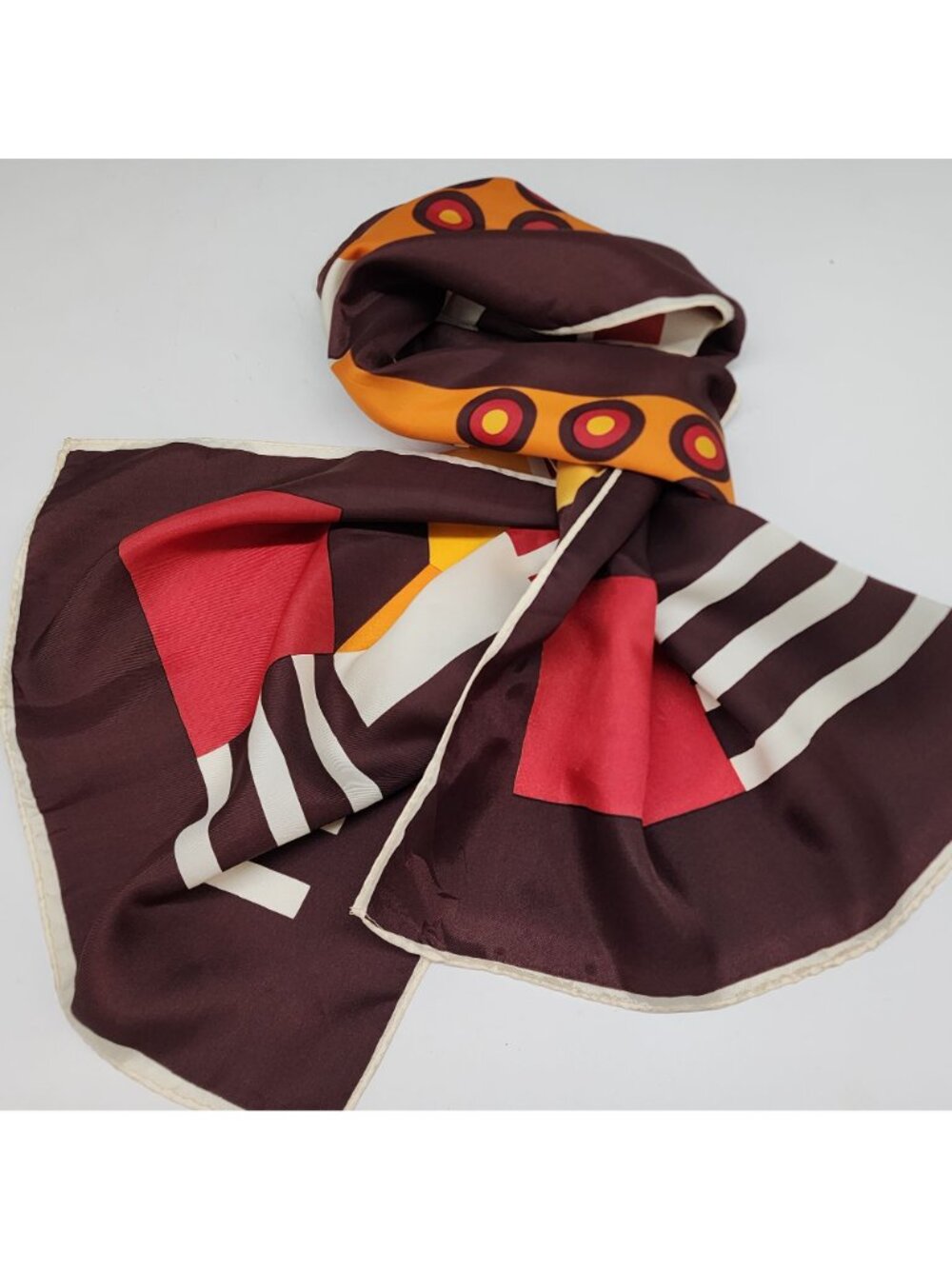 Vintage Acetate Geometric Scarf Made In Japan Brown Yellow Red 44" by Elwin - Picture 2 of 6
